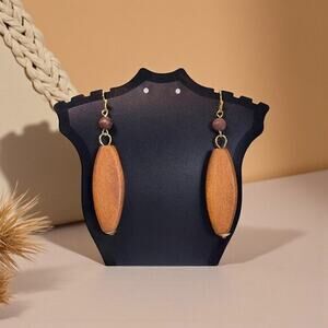 Geometric Wooden Dangle Earrings – Boho Gold Tone Statement Drops